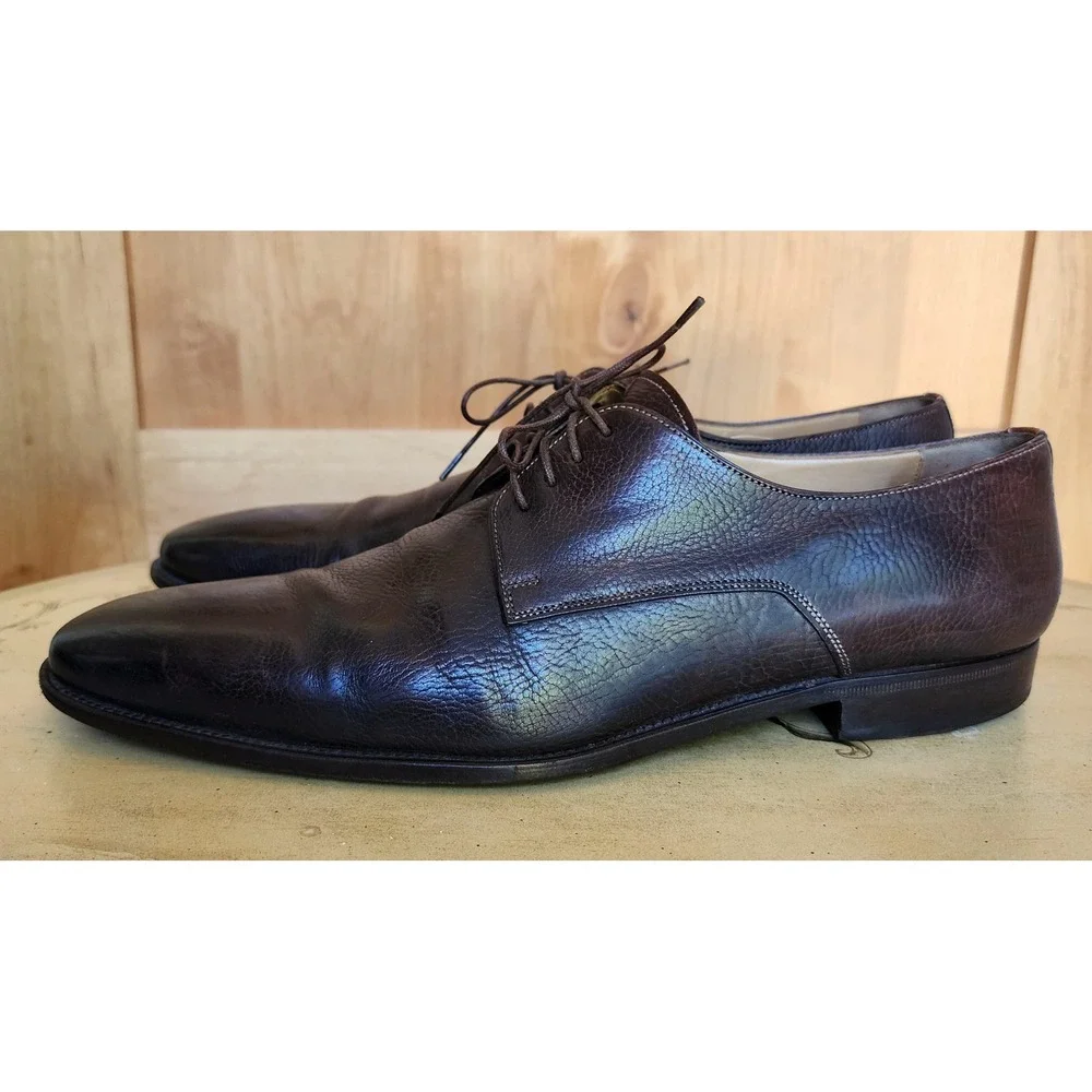 Santoni Sz 11 Brown Leather Derby Oxford Dress Shoes Made in Italy Quiet Luxury